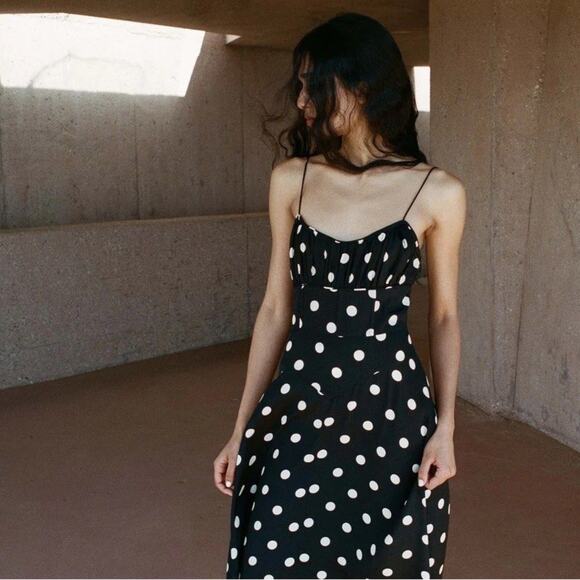 Doen Rosaria Silk Polka Dot Ruched Bust Midi Maxi Dress Solstice Sky Black - Picture 3 of 15